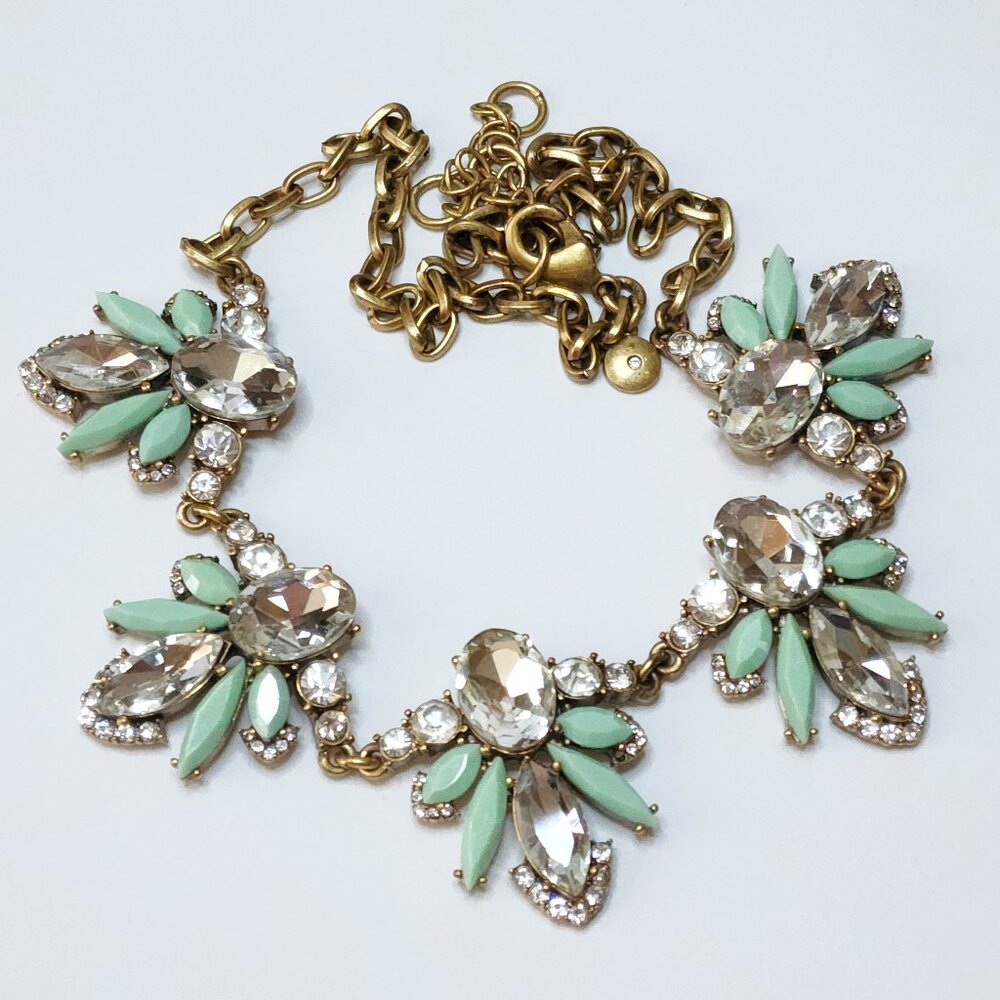 J Crew Chunky Statement Necklace Gold Tone Mint Green Clear Crystals Rhinestones